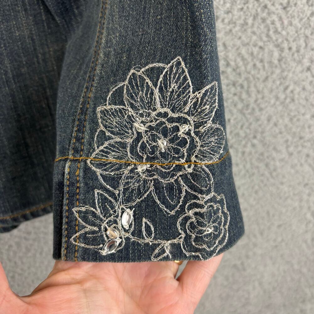 Chicos Silver Denim Jacket Medium Boho Artsy Embroidery Maximal Embellish Floral - Picture 9 of 11